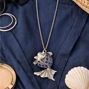 Mystical Blue and Silver/pewter Fish with pearl eyes Necklace